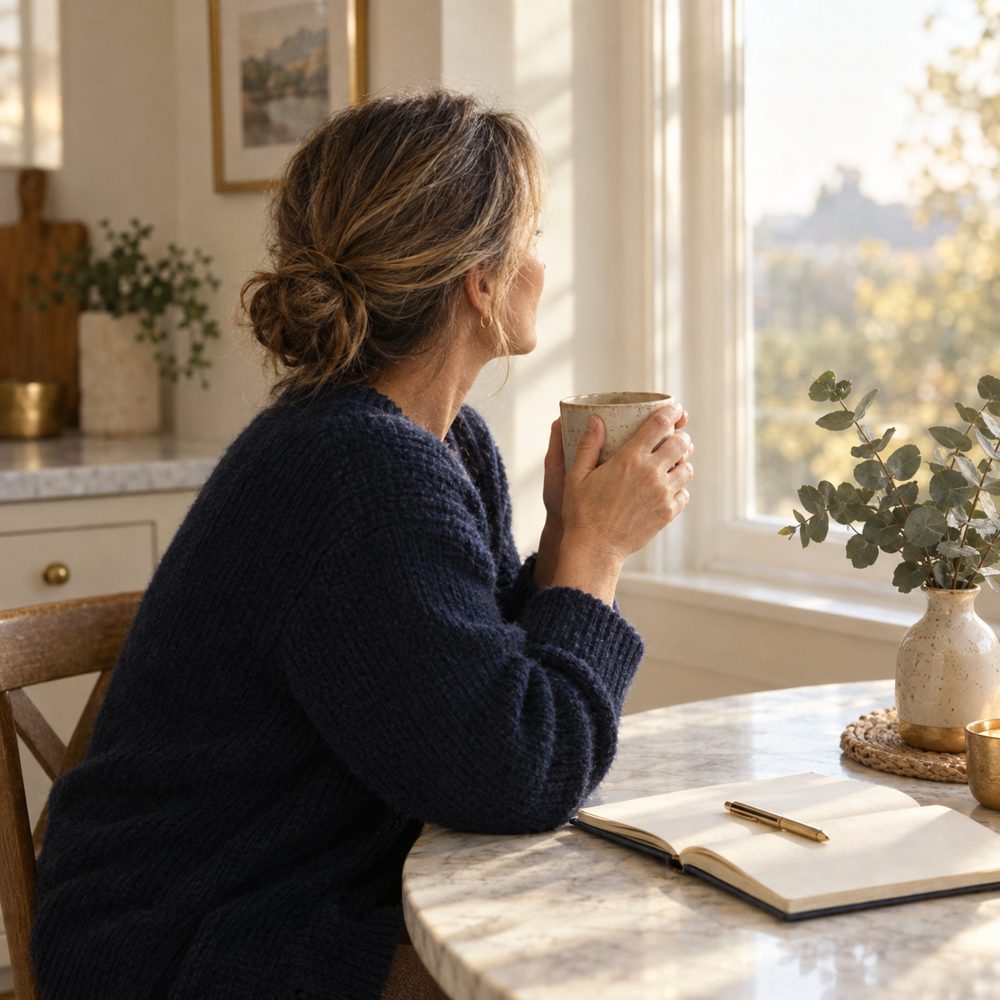 A woman in a navy sweater holding a mug at a sunny kitchen table, looking out the window